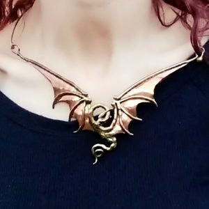 Vintage Signed Pamela Chevalier Artisan Gold Bronze Dragon Necklace